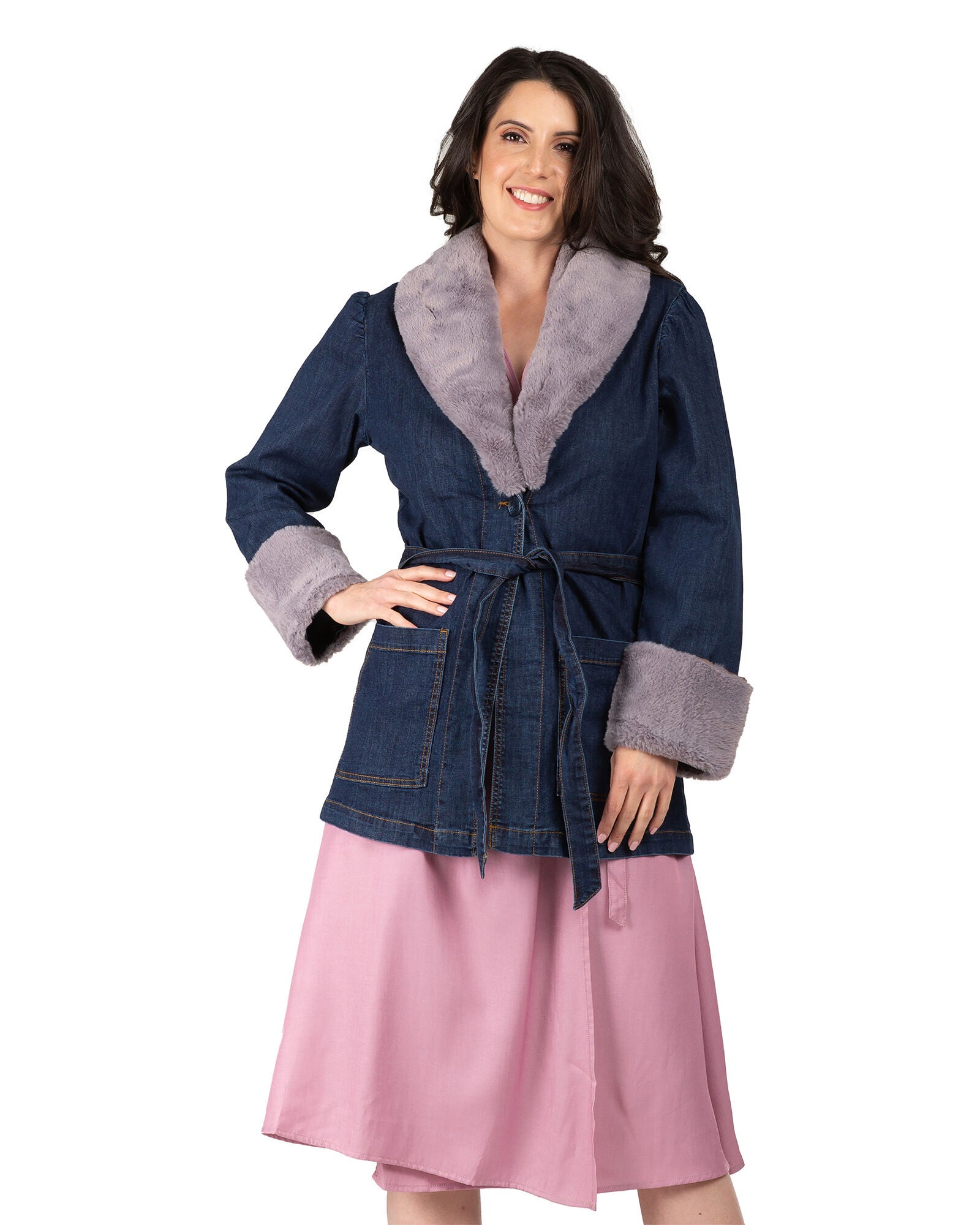 Emily Women&#39;s Tie Robe Detachable Faux Fur Denim Jacket, Dark Indigo / Dark Wash, hi-res image number 0