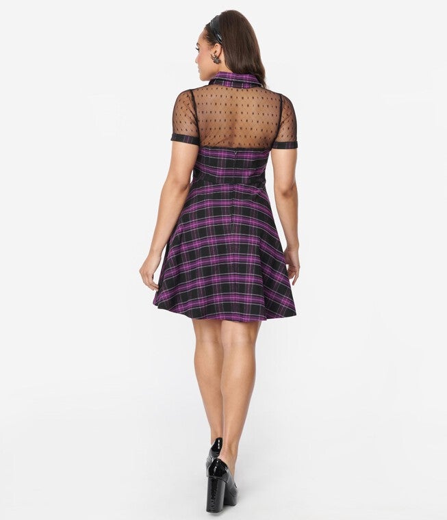 Unique Vintage Purple Plaid Fit & Flare Dress, Black Purple Plaid / Purple, alternate image number null