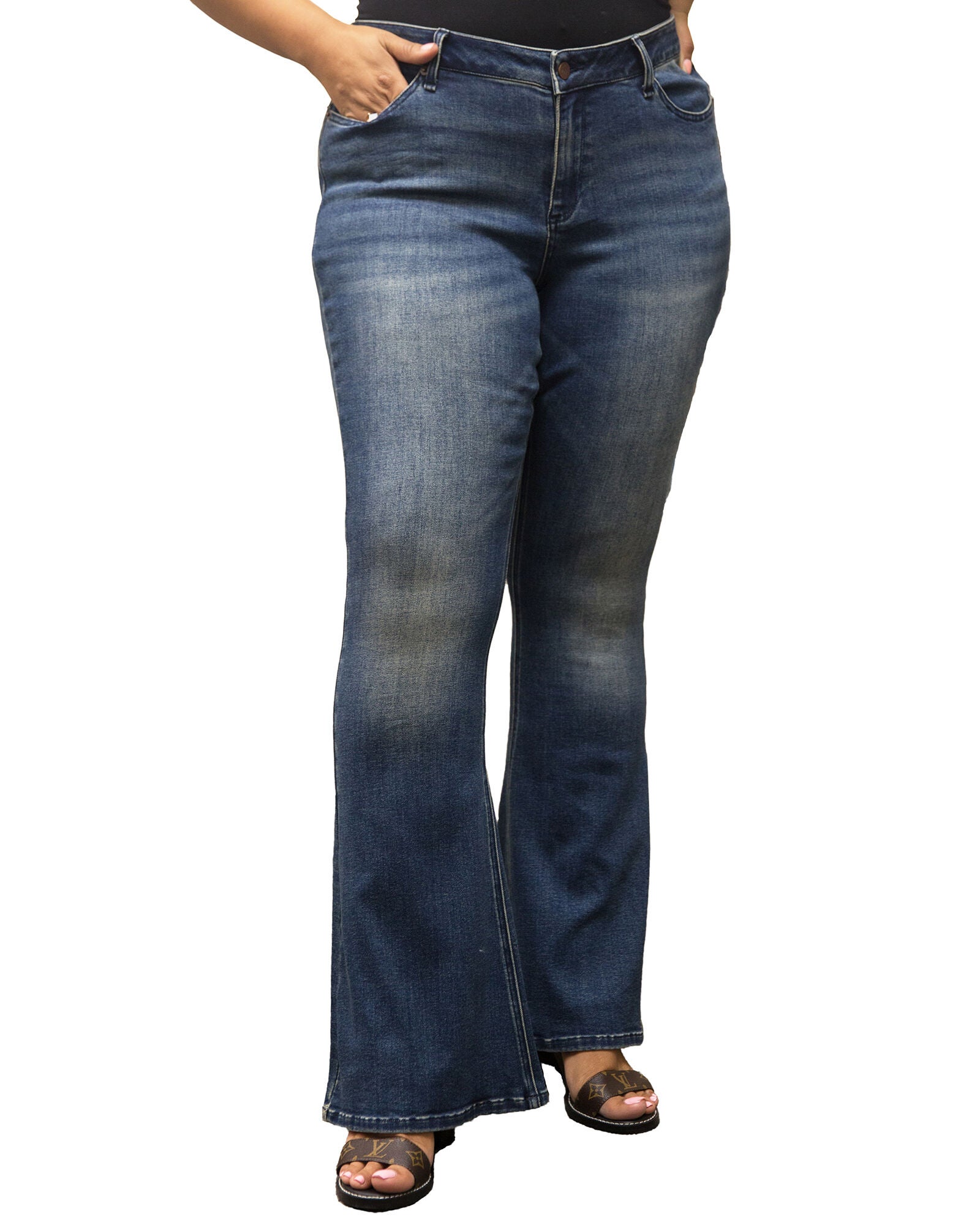 Plus Size Kylie Jeans In Unforgiven Wash W Distressing & 24 inches Flare, 2886 Wash / Medium Wash, hi-res image number 0