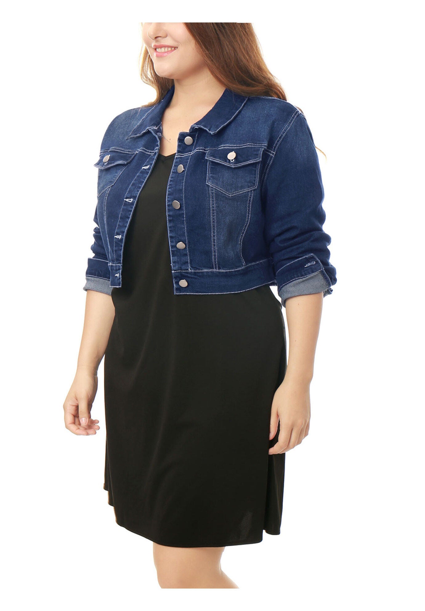 BUTTON CLOSED CROPPED DENIM JACKET, Dark Blue / Navy, alternate image number 1