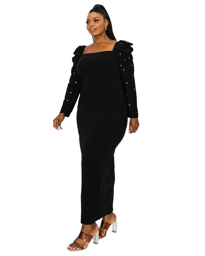 EVANGELINE RHINESTONE SLEEVE DRESS, Black / Black, alternate image number 2