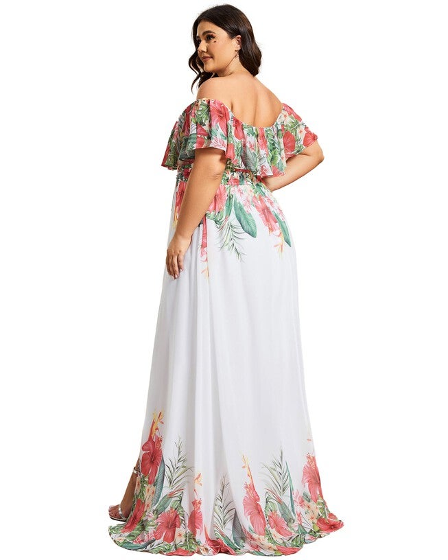 Summer Printed Chiffon Off the Shoulder A-Line Evening Dress, White Red / Red, alternate image number null