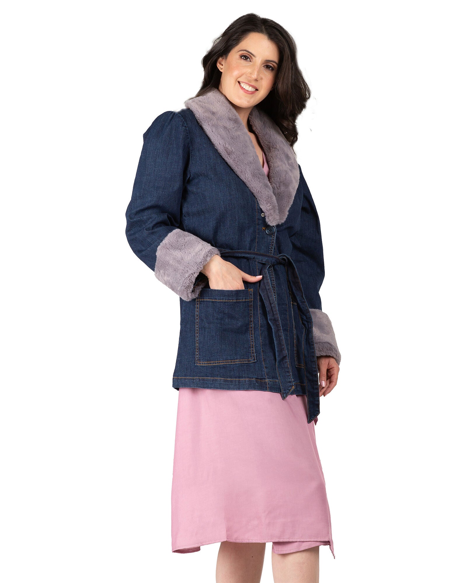 Emily Women&#39;s Tie Robe Detachable Faux Fur Denim Jacket, , alternate image number 7