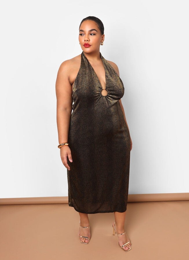 NALA SNAKE HALTER RING CUT OUT MIDI SLIP DRESS | Dia & Co NALA SNAKE HALTER RING CUT OUT MIDI SLIP DRESS | Dia & Co