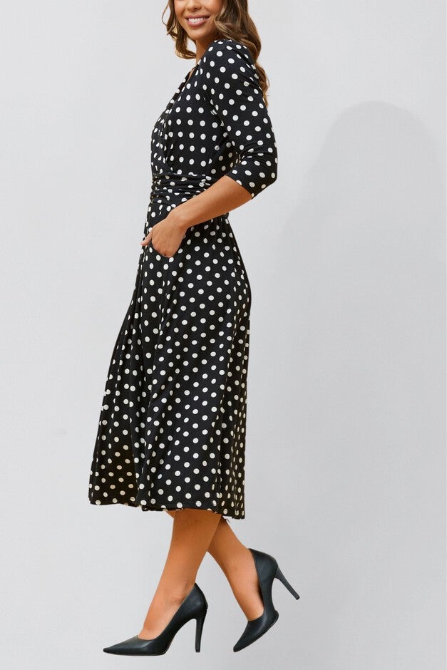 Annick - Evelyn Midi Dress Crossover Polka Dot Print, Black / Black, alternate image number 1