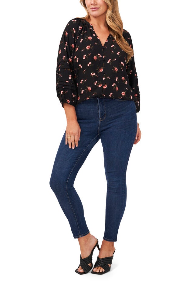 PINTUCK DETAIL SLV BUTTON FRONT TOP, ROMANTIC BLOOMS / Black, alternate image number 1