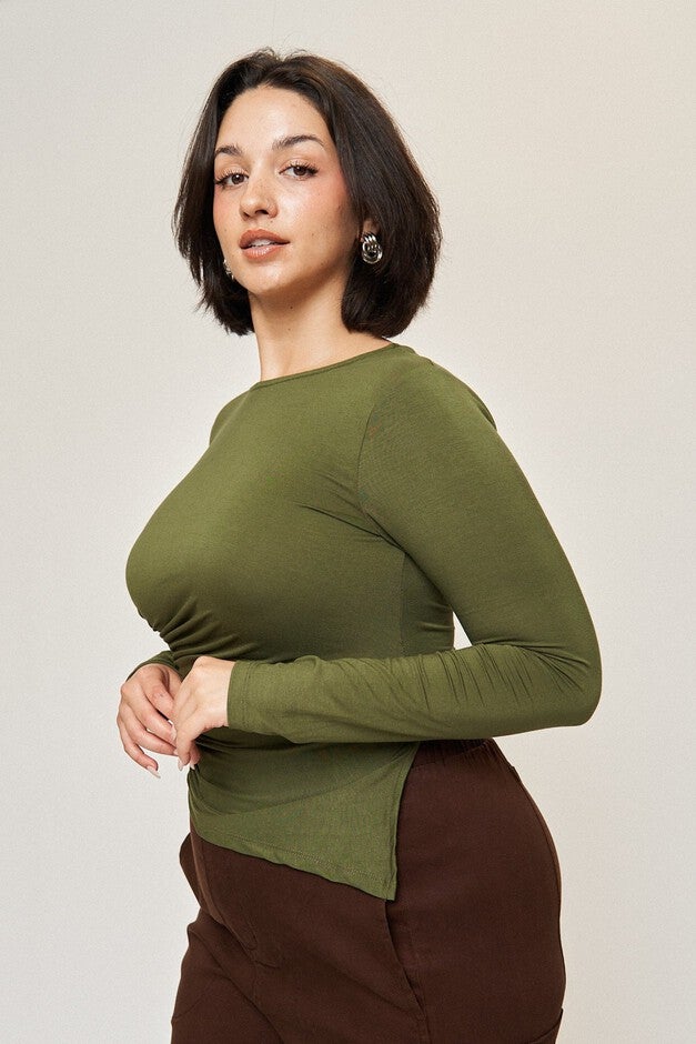 Chloe Asymmetrical Split Top, Army Green / Olive Green, alternate image number 4