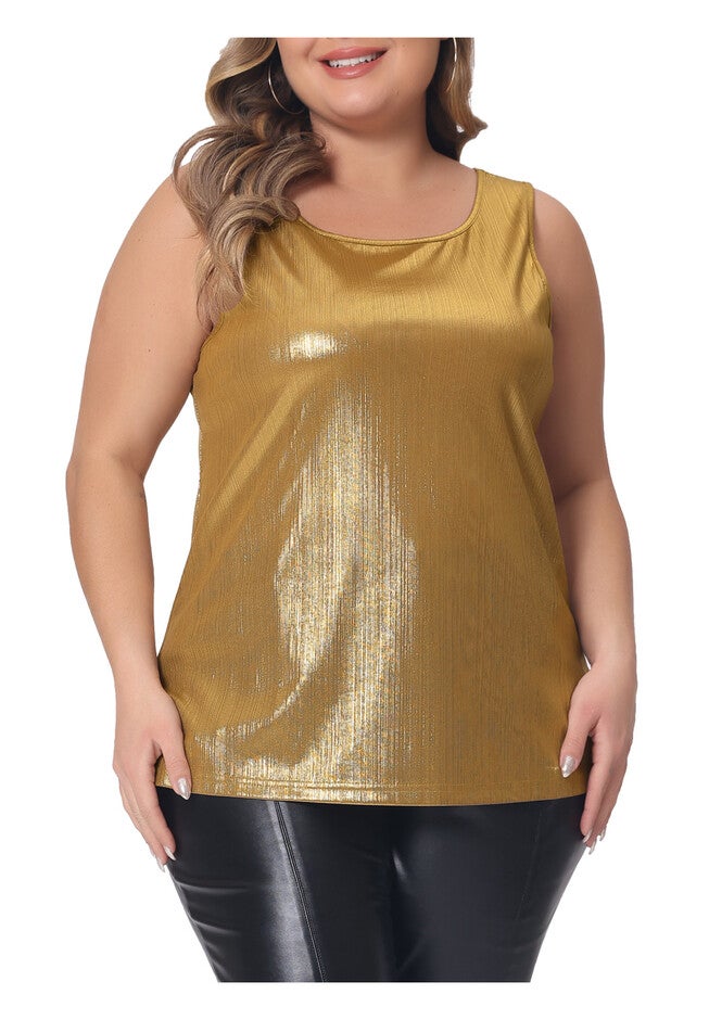 Crew Neck Sleeveless Holographic Shiny Metallic Tank Top, Gold / Gold, alternate image number 4