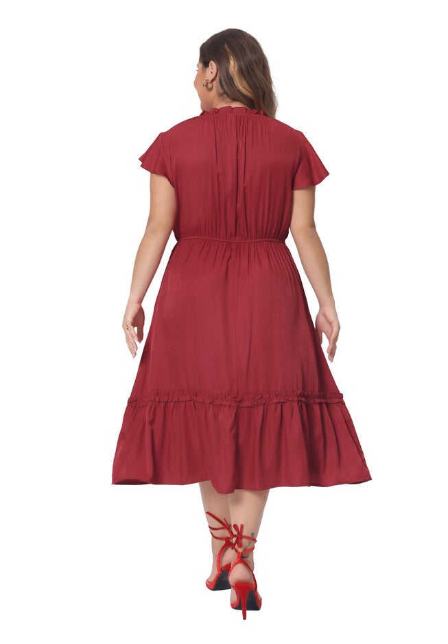 Summer Bow Tie Neck Ruffle Cap Sleeve A Line Midi Dress, Red / Red, hi-res image number null