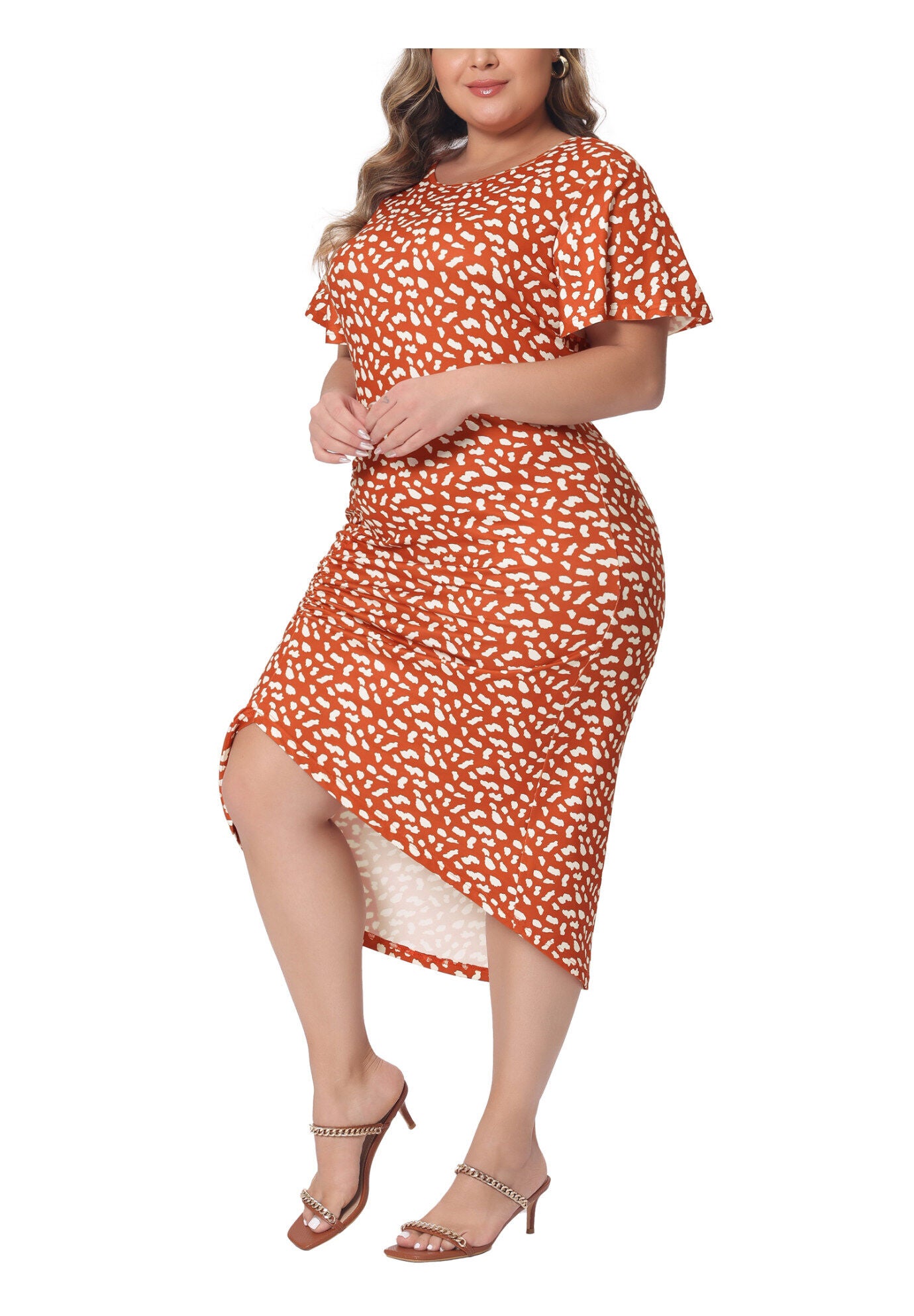 Polka Dots Ruched Round Neck Short Sleeve Wedding Cocktail Bodycon Dress, Orange / Orange, alternate image number 2