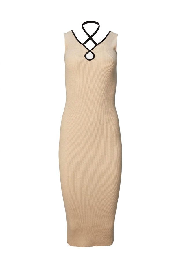 COTTON KEY HOLE KNIT DRESS, Natural / Beige, alternate image number null