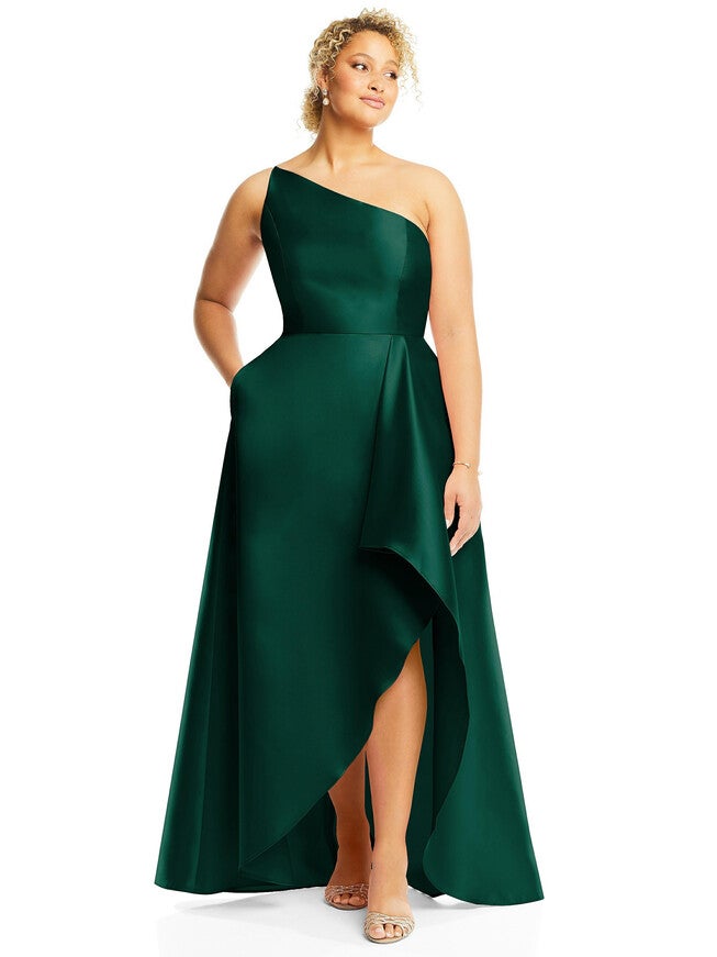 One-Shoulder Satin Gown with Draped Front Slit and Pockets, Hunter Green / Hunter Green, hi-res image number 0
