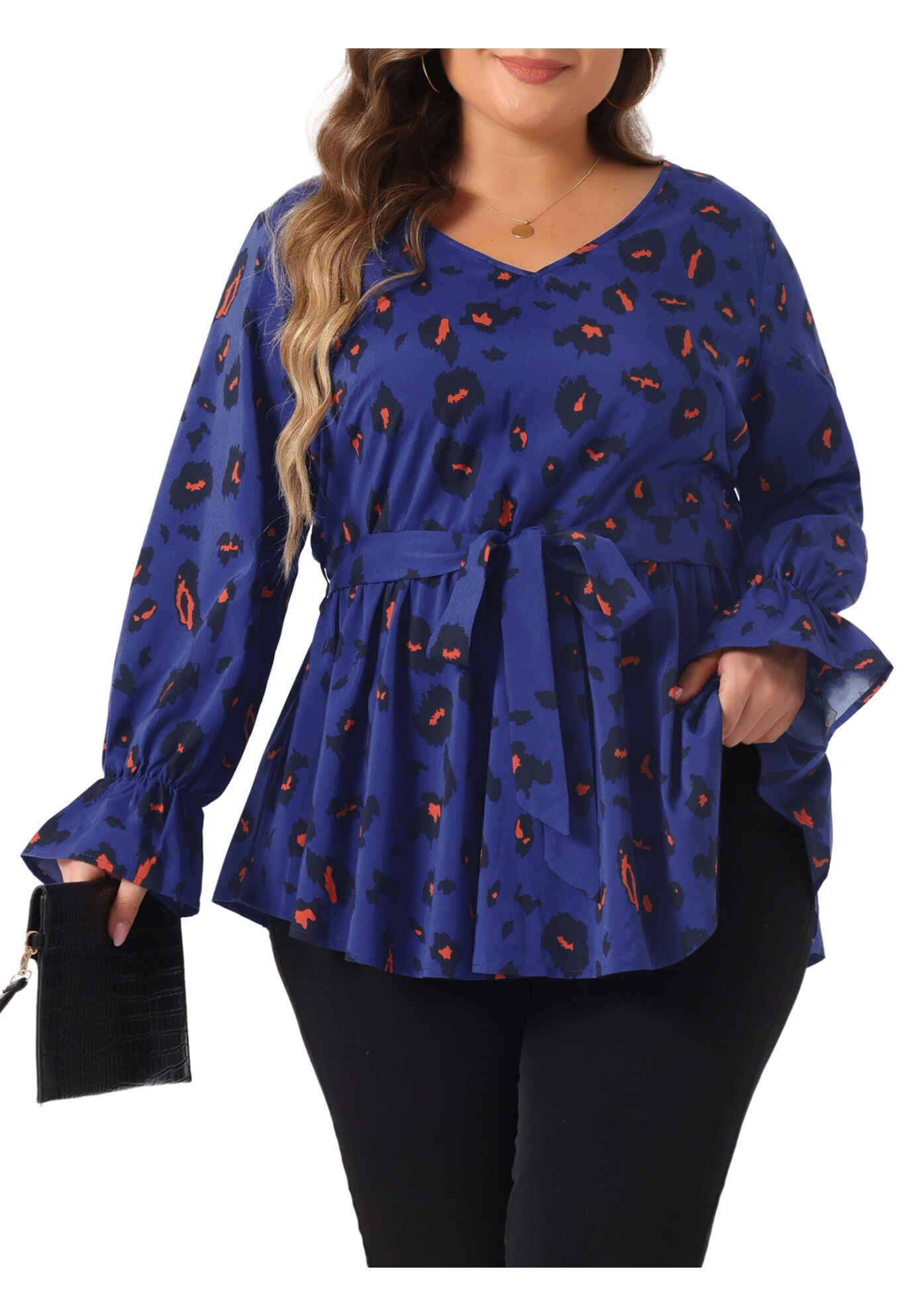 Graphic Print Belted Long Sleeve Peplum Blouse, Royal Blue / Royal Blue, alternate image number 3