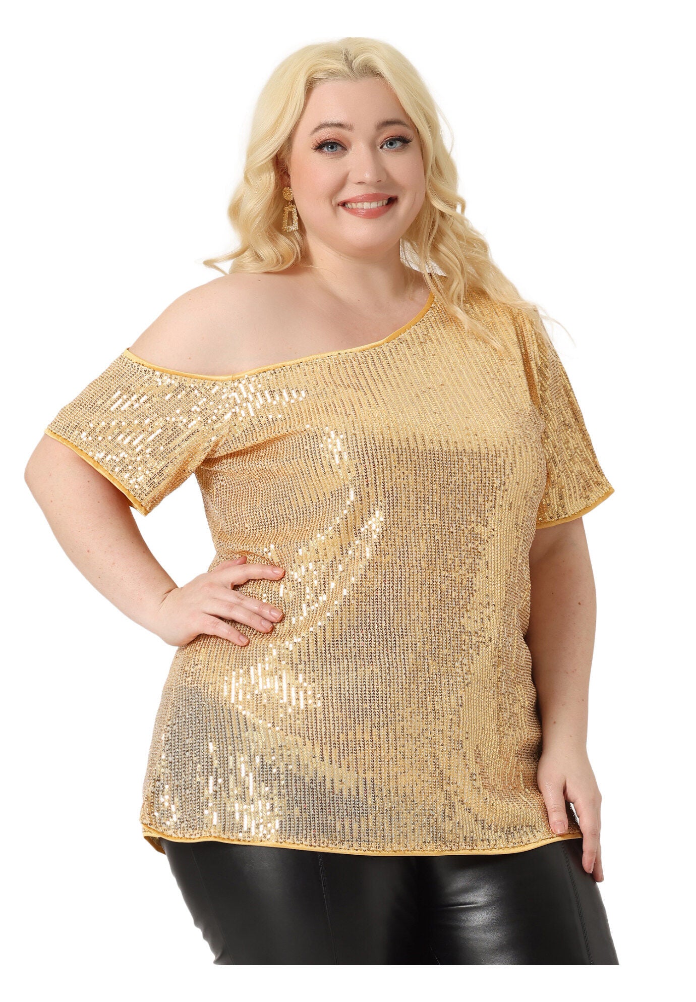 ONE SHOULDER SHORT SLEEVE METALLIC SEQUIN TOP, Gold / Gold, alternate image number 1