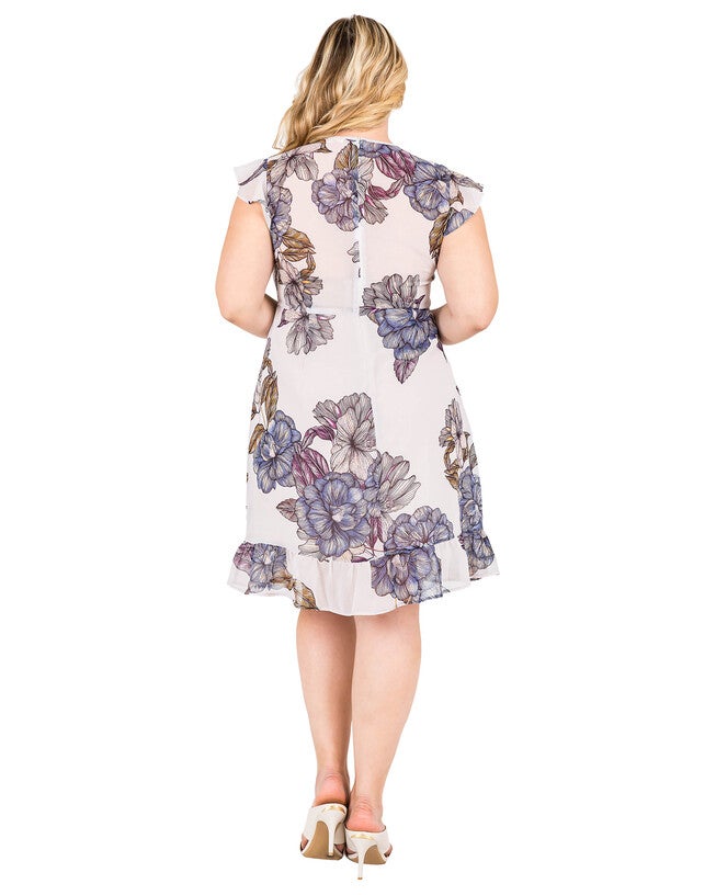 Dion Cap Sleeve Ruffle Bottom Dress, OYSTERFLORAL / White, alternate image number 3