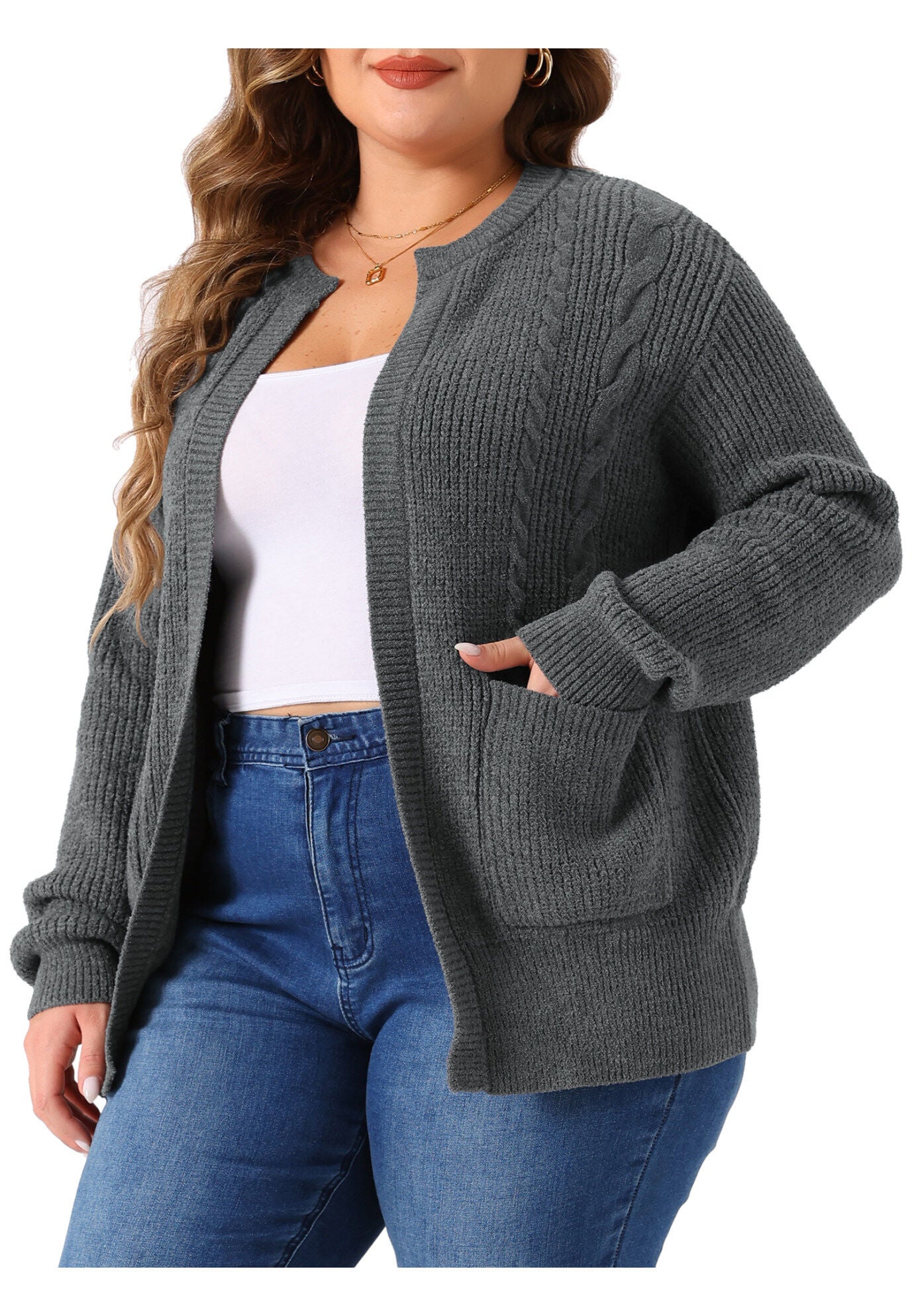 Long Sleeve Crew Neck Knit Cardigan Sweaters with Pockets, Gray / Charcoal Grey, alternate image number 1