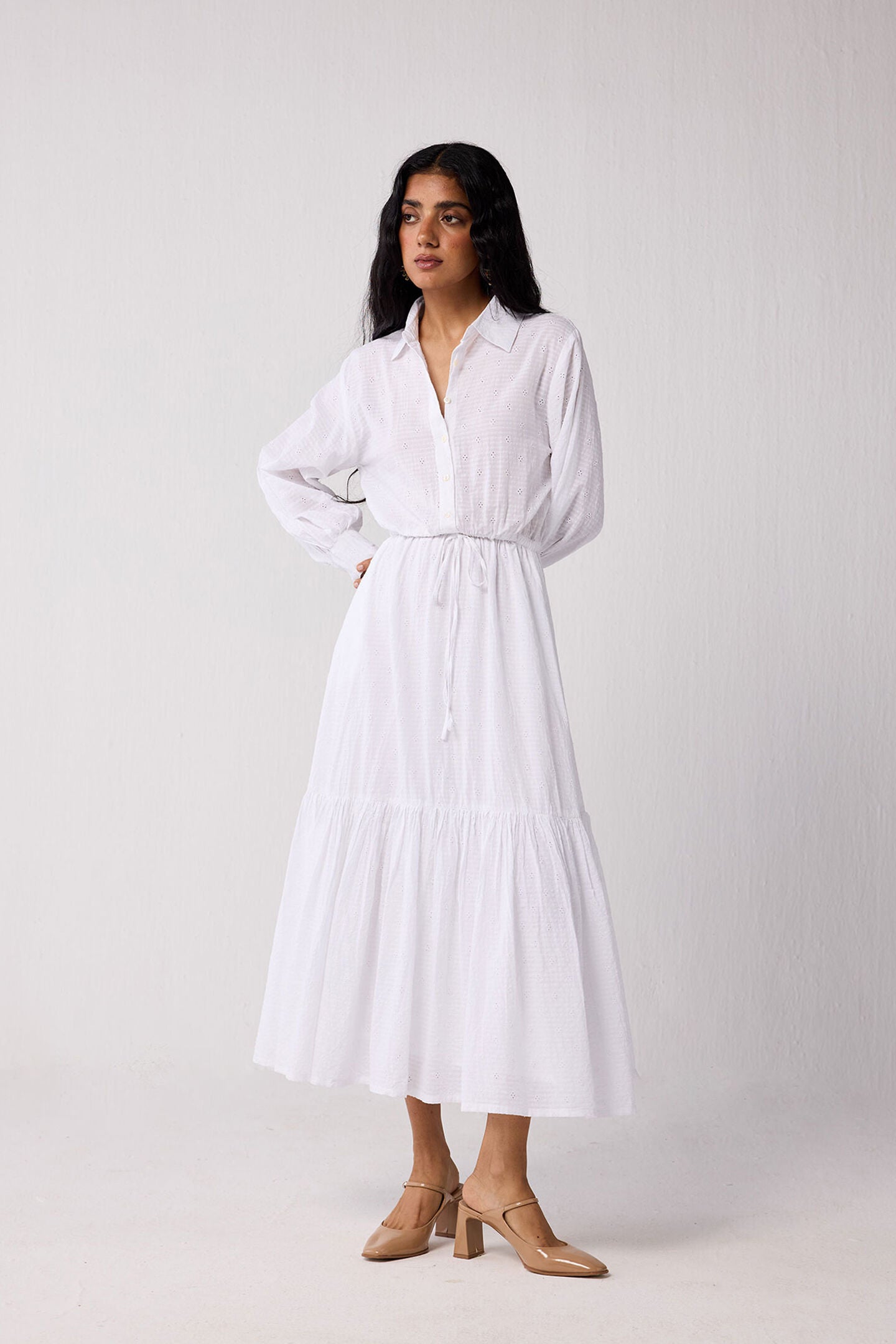 Embroidered Flowy Maxi Tiered Dress in White, Textured Eyelet in White / White, alternate image number 4