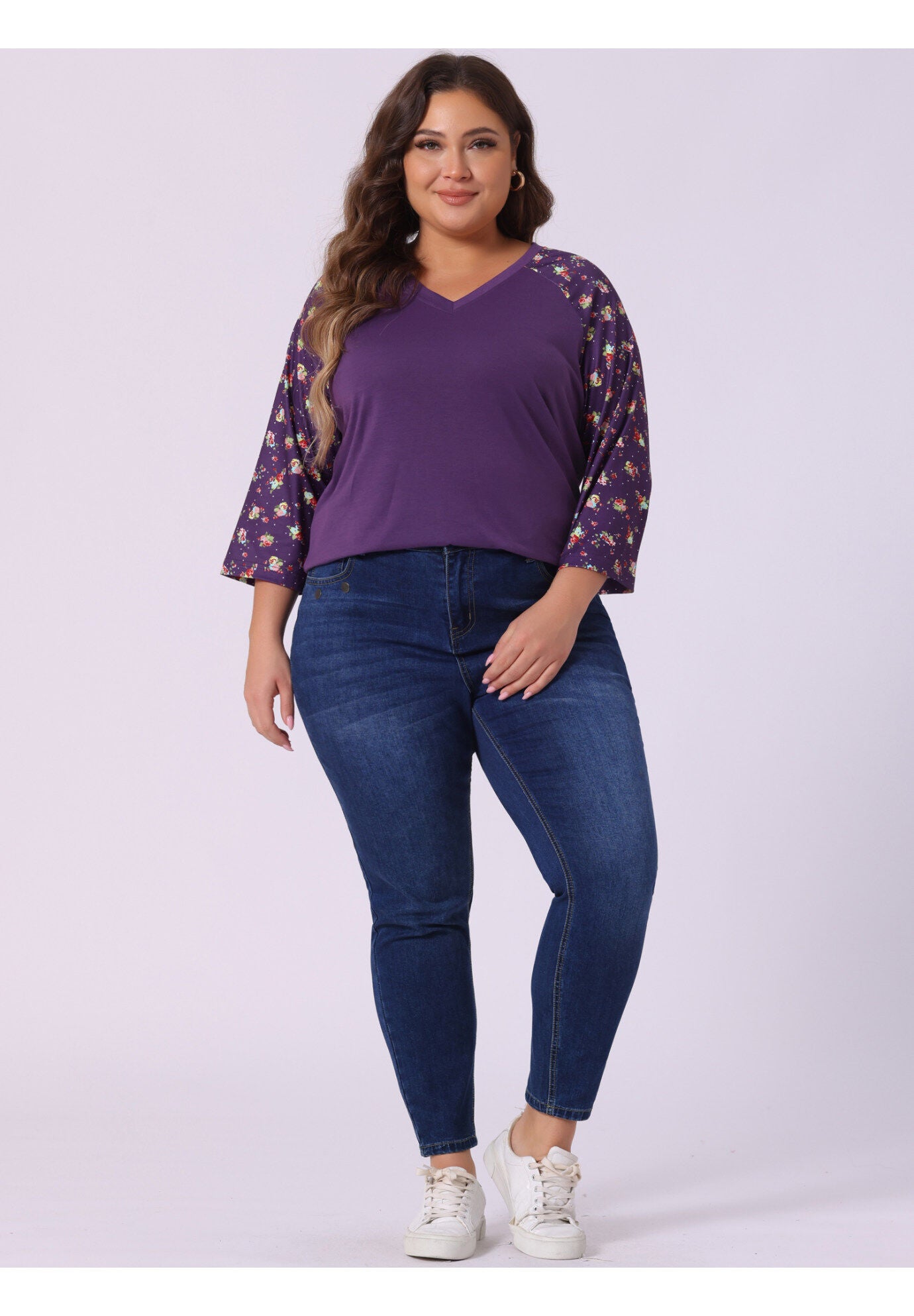 Casual V Neck 3/4 Sleeve Floral Raglan Top, Purple / Purple, hi-res image number 0