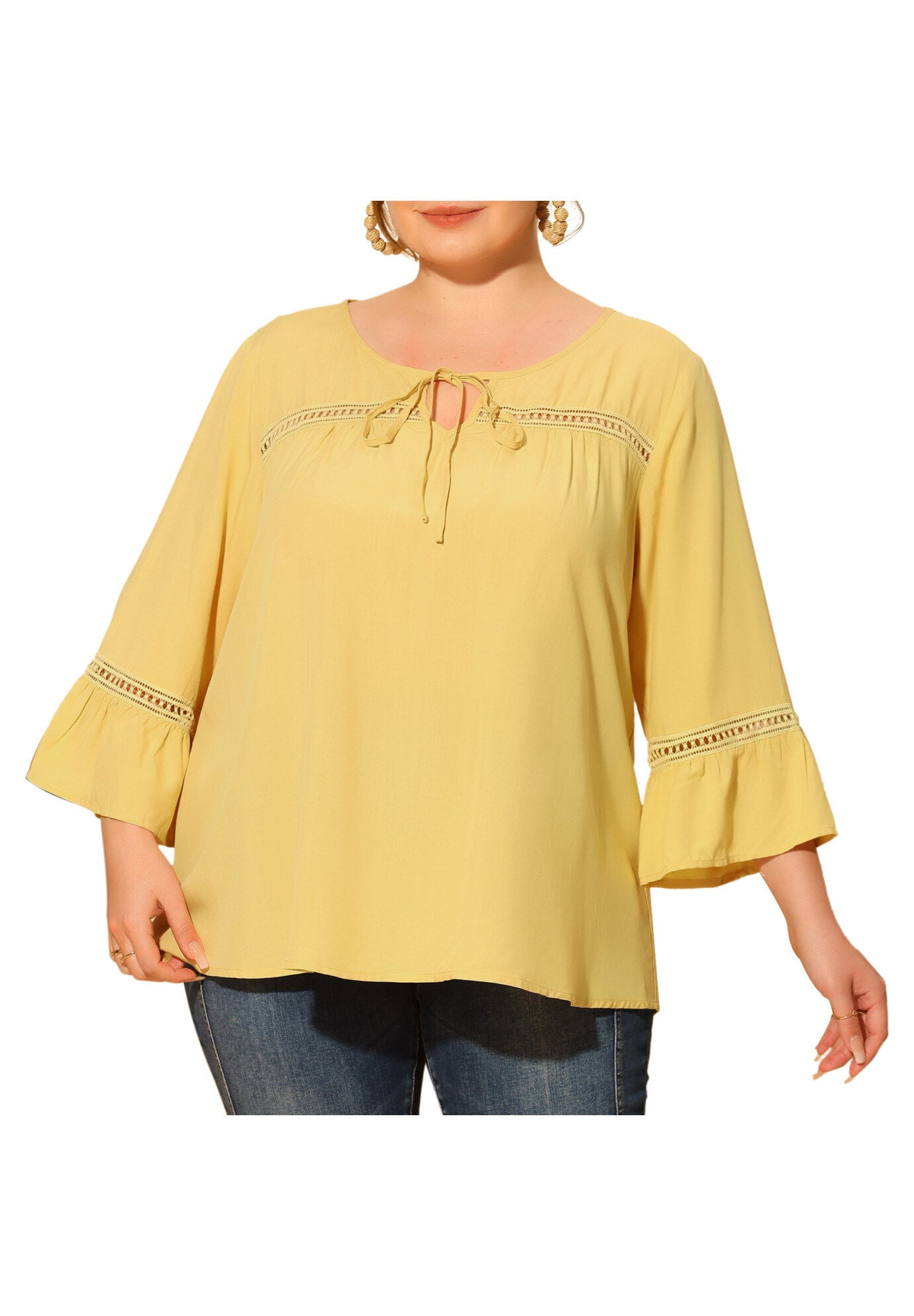 3/4 FLARE SLEEVE PEASANT KEYHOLE TIE BLOUSE TOP, Light Yellow / Light Yellow, alternate image number 2