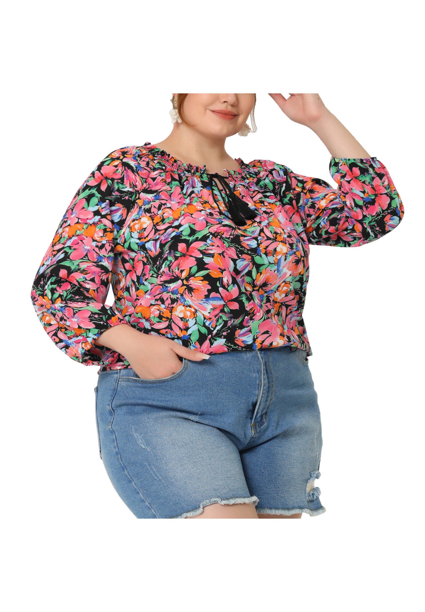 Floral Loose Top Tie 3/4 Sleeve Beach Tunic Blouse, Black / Black, alternate image number 2