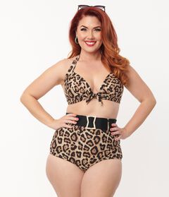 Unique Vintage Leopard Print High Waist Belted Swim Bottom