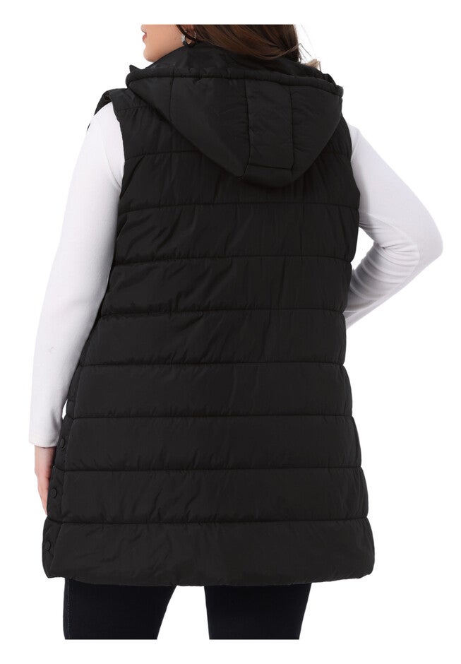 Long Puffer Hooded Quilted Vest with Pockets, Black / Black, alternate image number 3