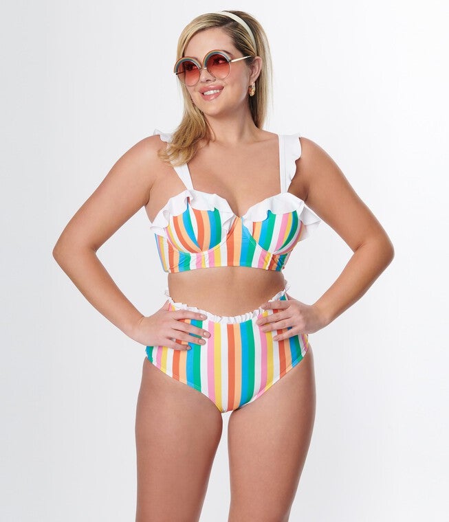 Unique Vintage Rainbow Striped Southampton Swim Top, Rainbow Striped / White, alternate image number 3