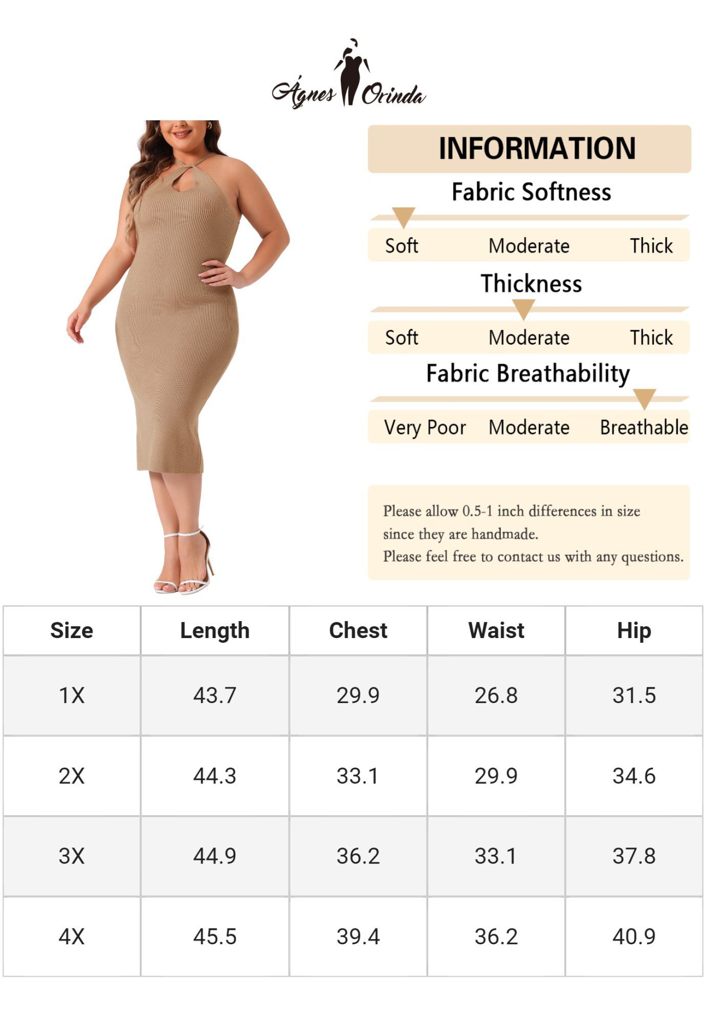Twist Front Halter Neck Ribbed Sleeveless Bodycon Midi Sweater Dress, Khaki / Brown, alternate image number 4