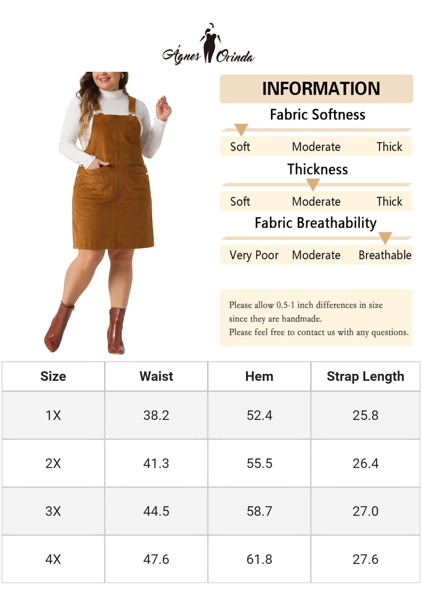 Suspender Skirt Adjustable Strap Pinafore Corduroy Overalls Dress, Brown / Brown, alternate image number 4