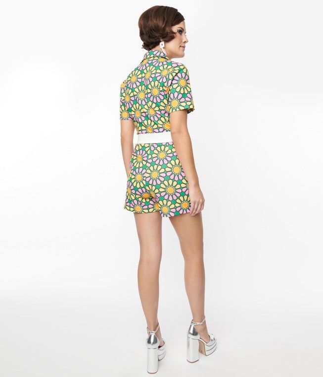 Smak Parlour Green & Pink Mod Daisy Belted Romper, , alternate image number 7