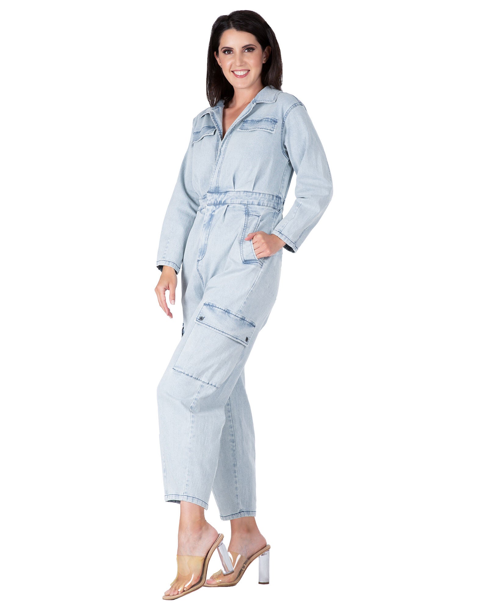 Portia Women&#39;s Long Plus Size Sleeves Denim Cargo Jumpsuit, Bleached Blue / Light Wash, alternate image number 4