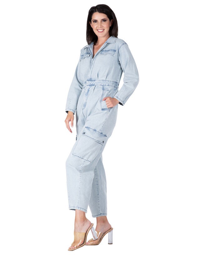 Portia Women's Long Plus Size Sleeves Denim Cargo Jumpsuit, Bleached Blue / Light Wash, alternate image number 4