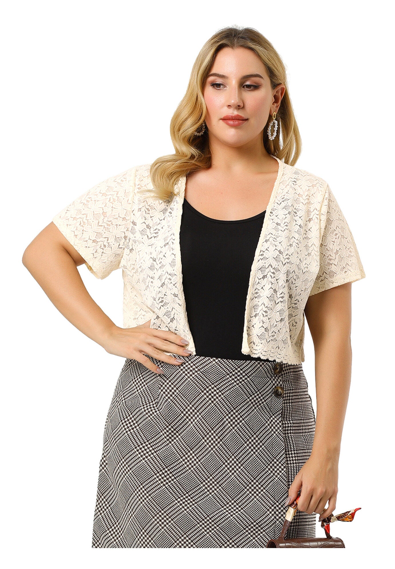 OPEN FRONT SHORT SLEEVE CROCHET LACE CROPPED BOLERO SHRUG CARDIGAN, Beige / Beige, alternate image number 3