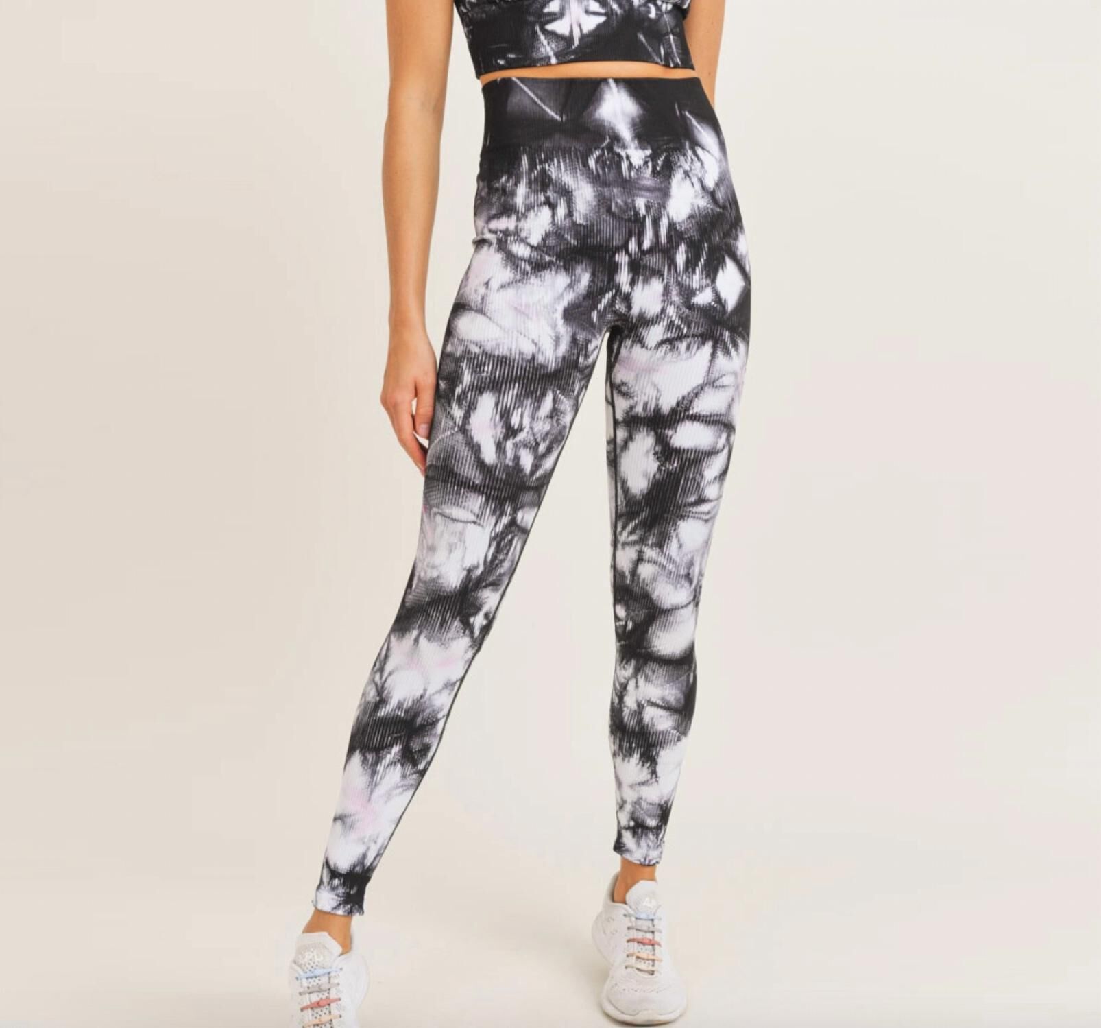 Smokescreen Tie-Dye Ribbed Seamless Highwaist Leggings In Black/White, BlackWhite / Black, hi-res image number 0