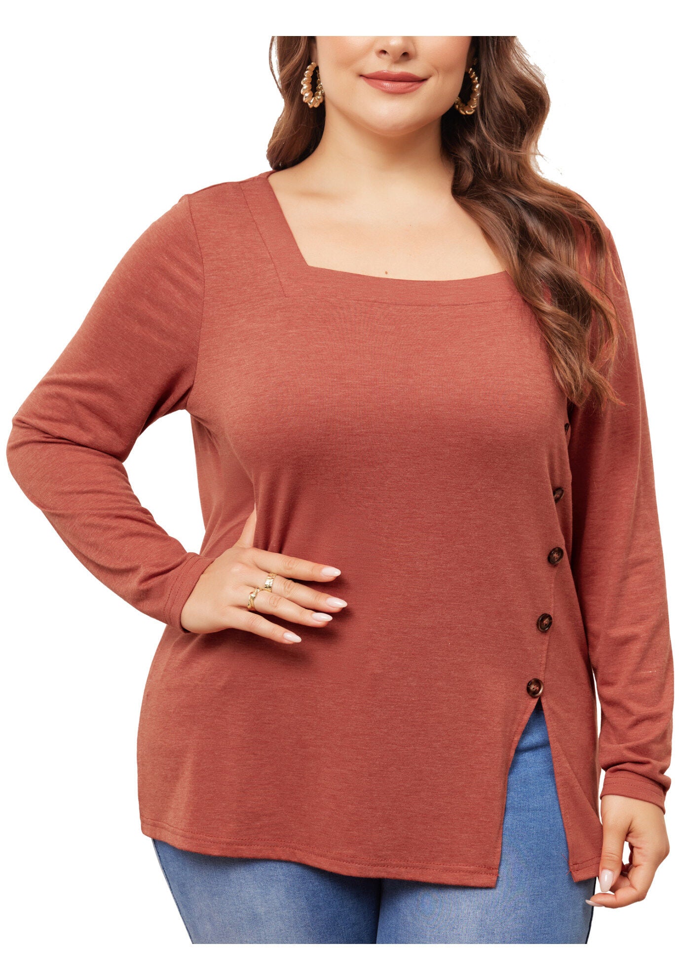 Side Button Square Neck Long Sleeve Tunic Blouse, Red Brown / Burnt Orange, alternate image number 2