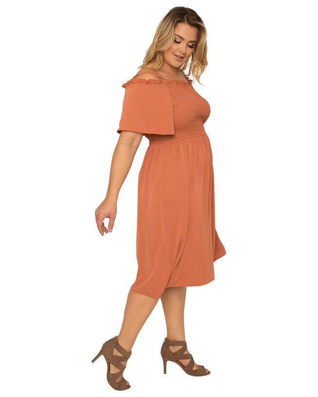 Gabi Plus Size Off The Shoulder Smocked Georgette Dress, Brown / Burnt Orange, alternate image number 1