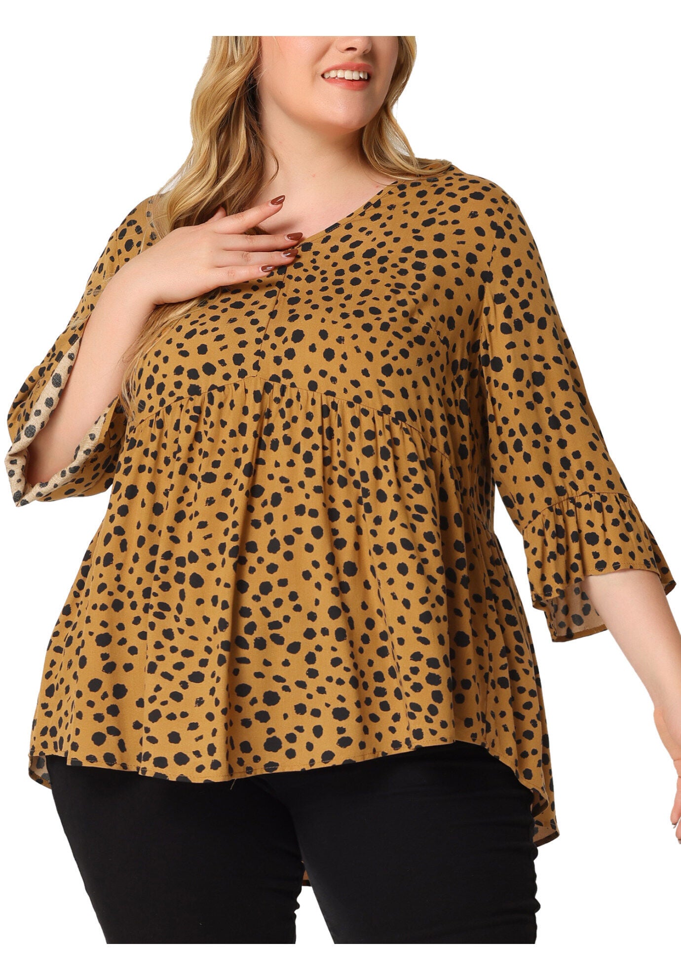 Polka Dots Blouse 3/4 Ruffle Sleeve Peplum Top, Brown / Brown, alternate image number 2