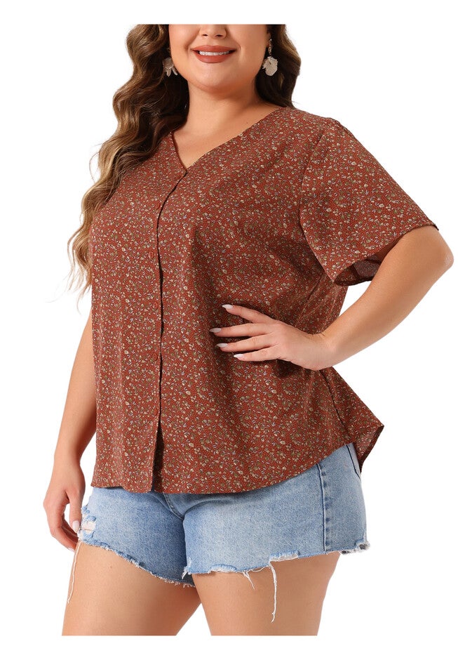V Neck Button Short Sleeve Floral Blouse, Red / Red, alternate image number 2