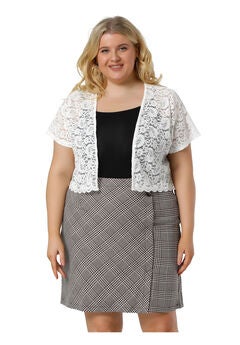 OPEN FRONT SHORT SLEEVE CROCHET LACE CROPPED BOLERO SHRUG CARDIGAN
