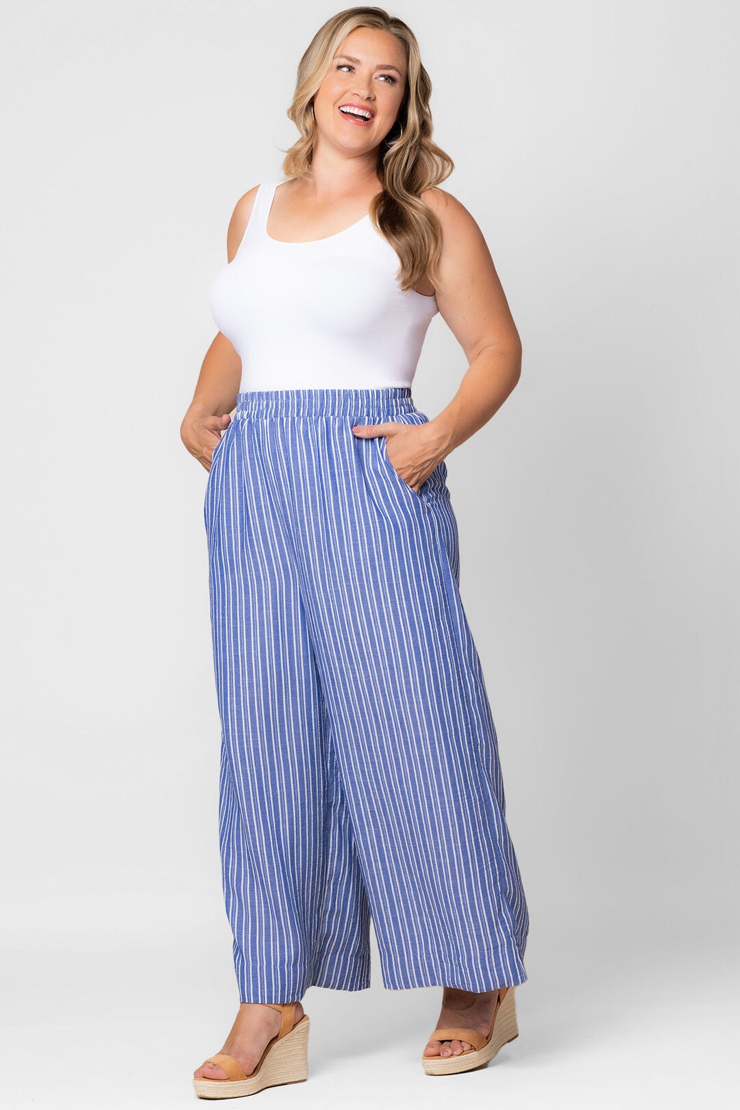 Eva Wide Leg Palazzo Pants, Blue Stripe / Azure Blue, alternate image number 3