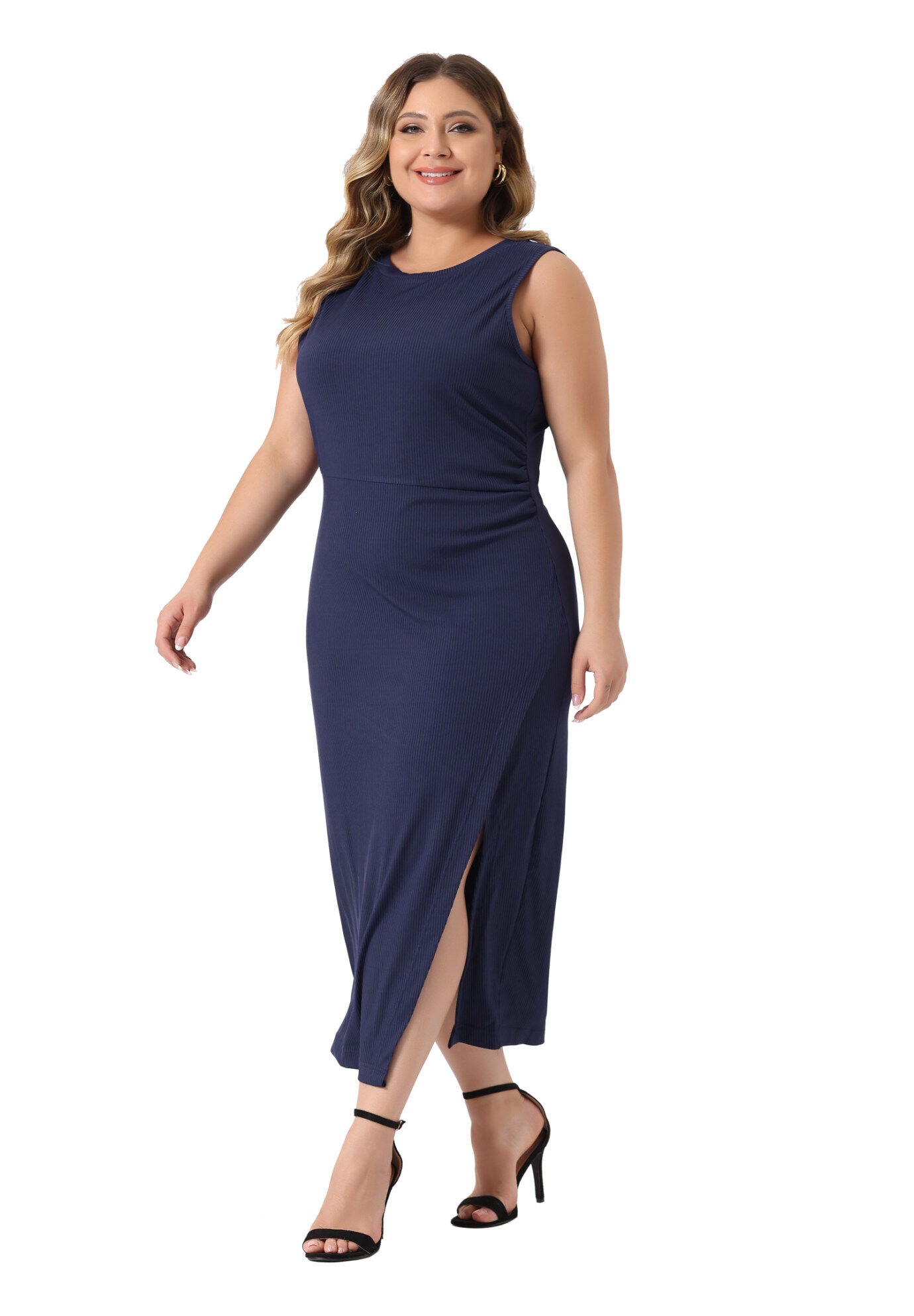 Knit Slit Tank Midi Ruched Sleeveless Bodycon Dress, Navy Blue / Navy, alternate image number 2