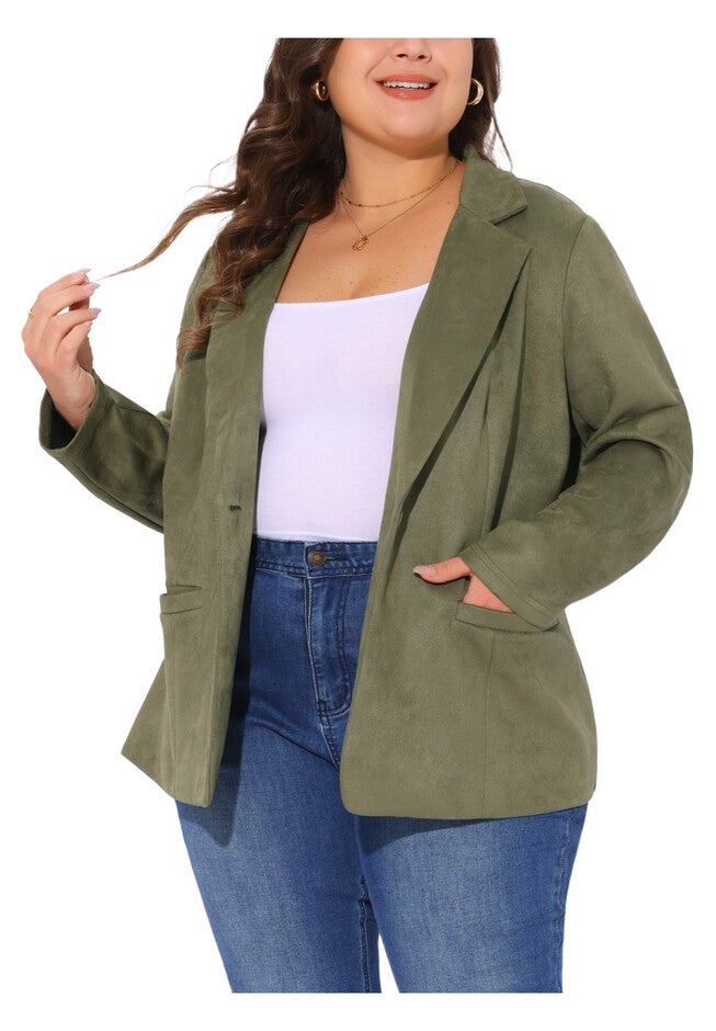 FAUX SUEDE LAPEL BLAZER JACKET, Army Green / Olive Green, alternate image number 1