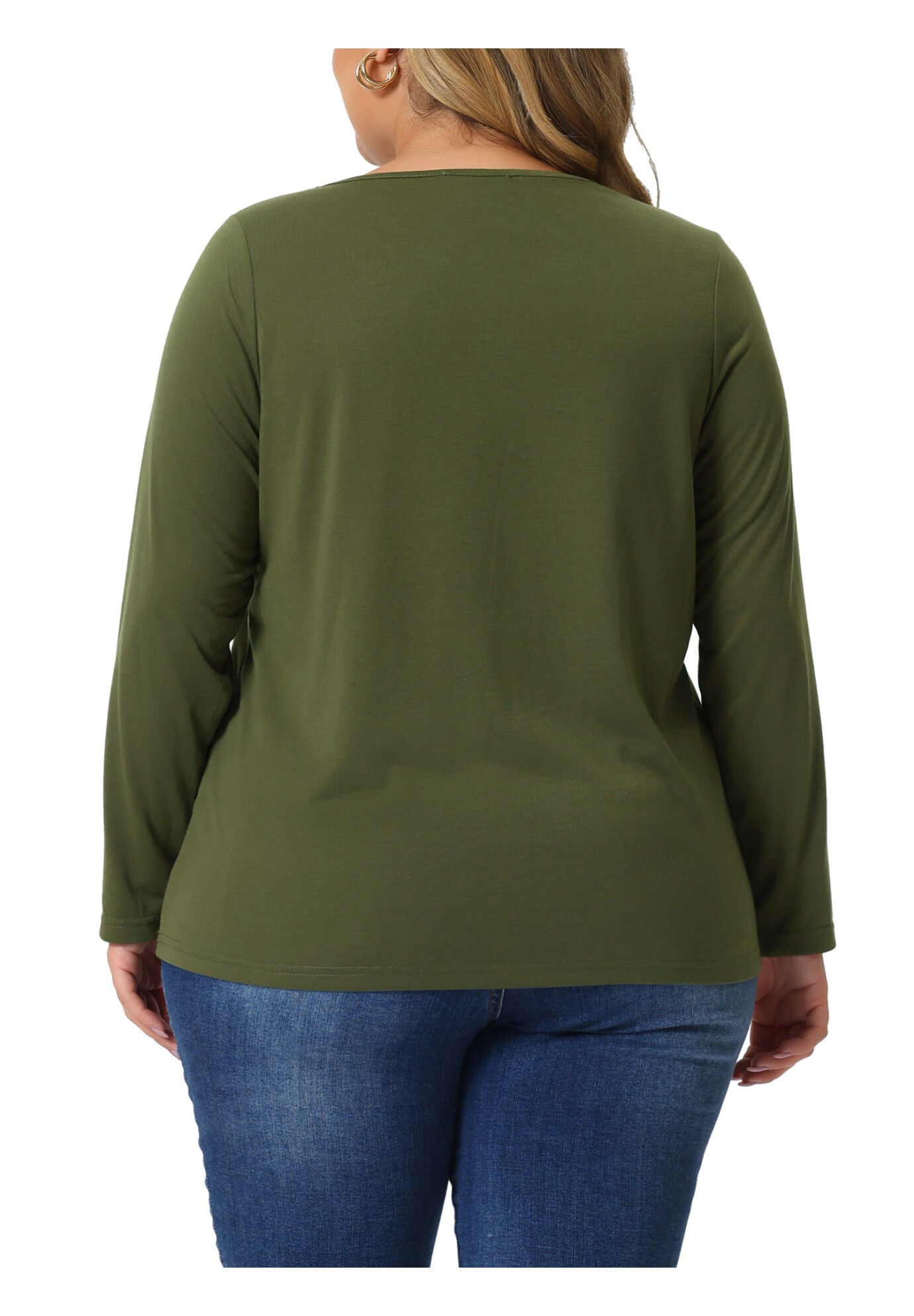 CROSS V NECK LONG SLEEVES T-SHIRT TOP, Army Green / Hunter Green, alternate image number 2