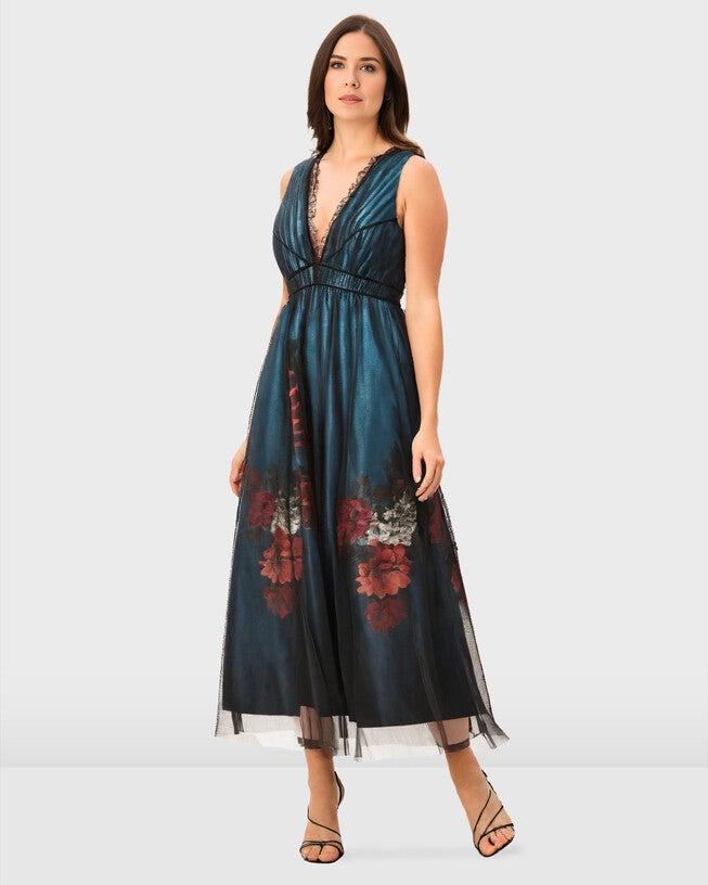 Sheer tulle overlay floral print dupioni dress, , alternate image number null