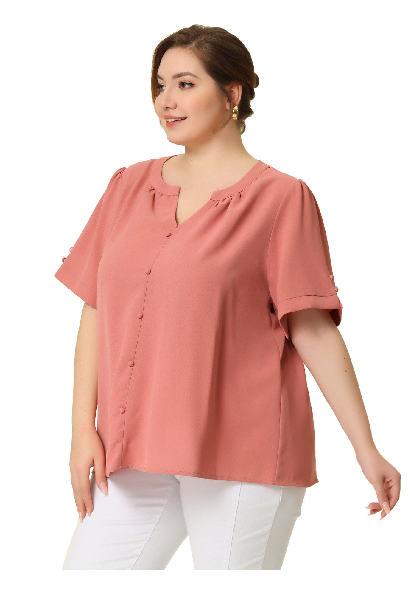 Ruched V Neck Short Sleeve Shirt, Pink / Pink, hi-res image number 0