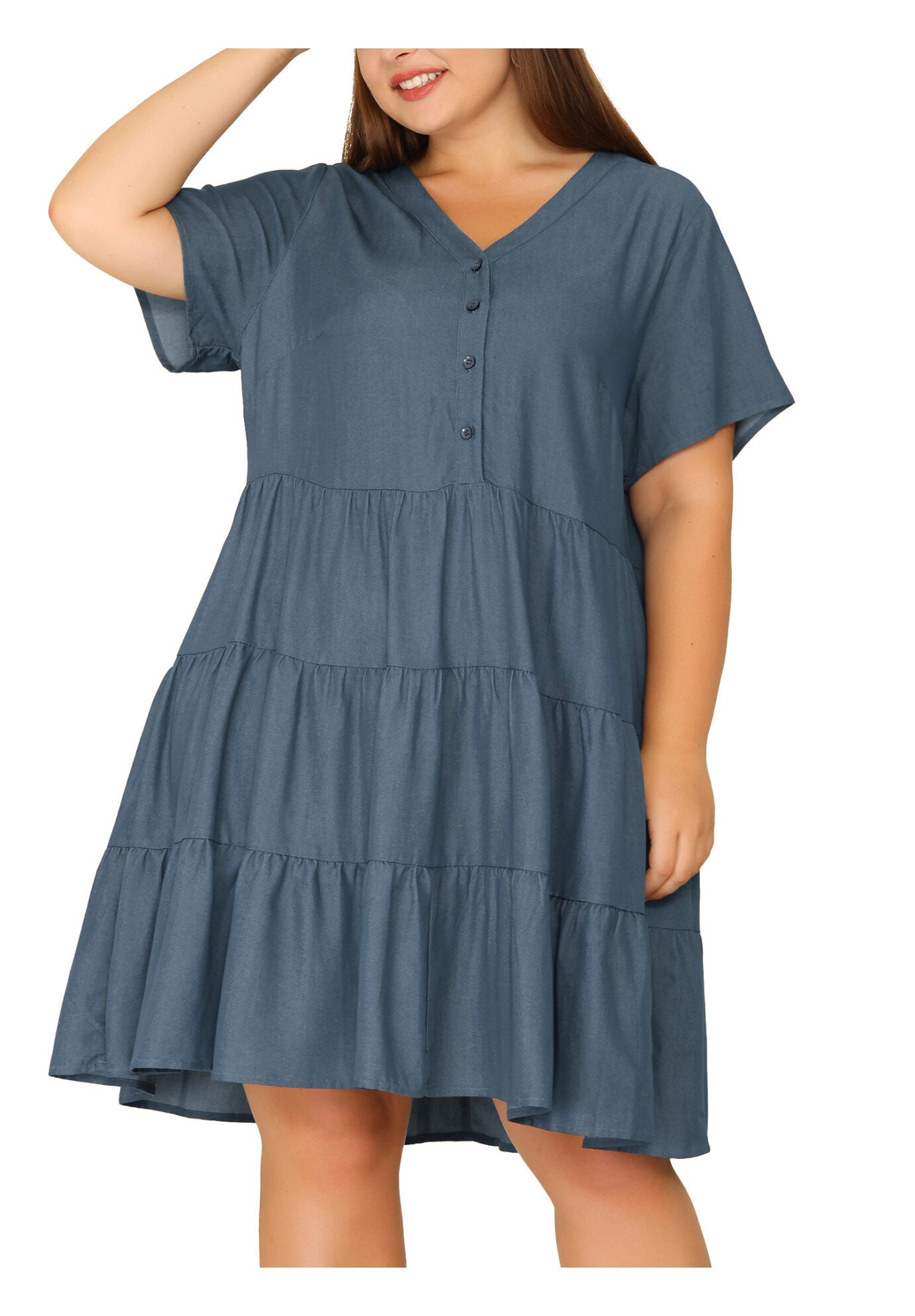 Button Down V Neck Knee Length Tiered Chambray Dress, Grey Black / Charcoal Grey, alternate image number 2