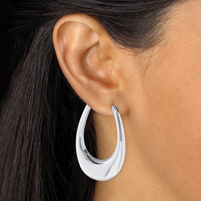.925 Sterling Silver Polished Oval Puffed Hoop Earrings 1 3/4 inches, , alternate image number null