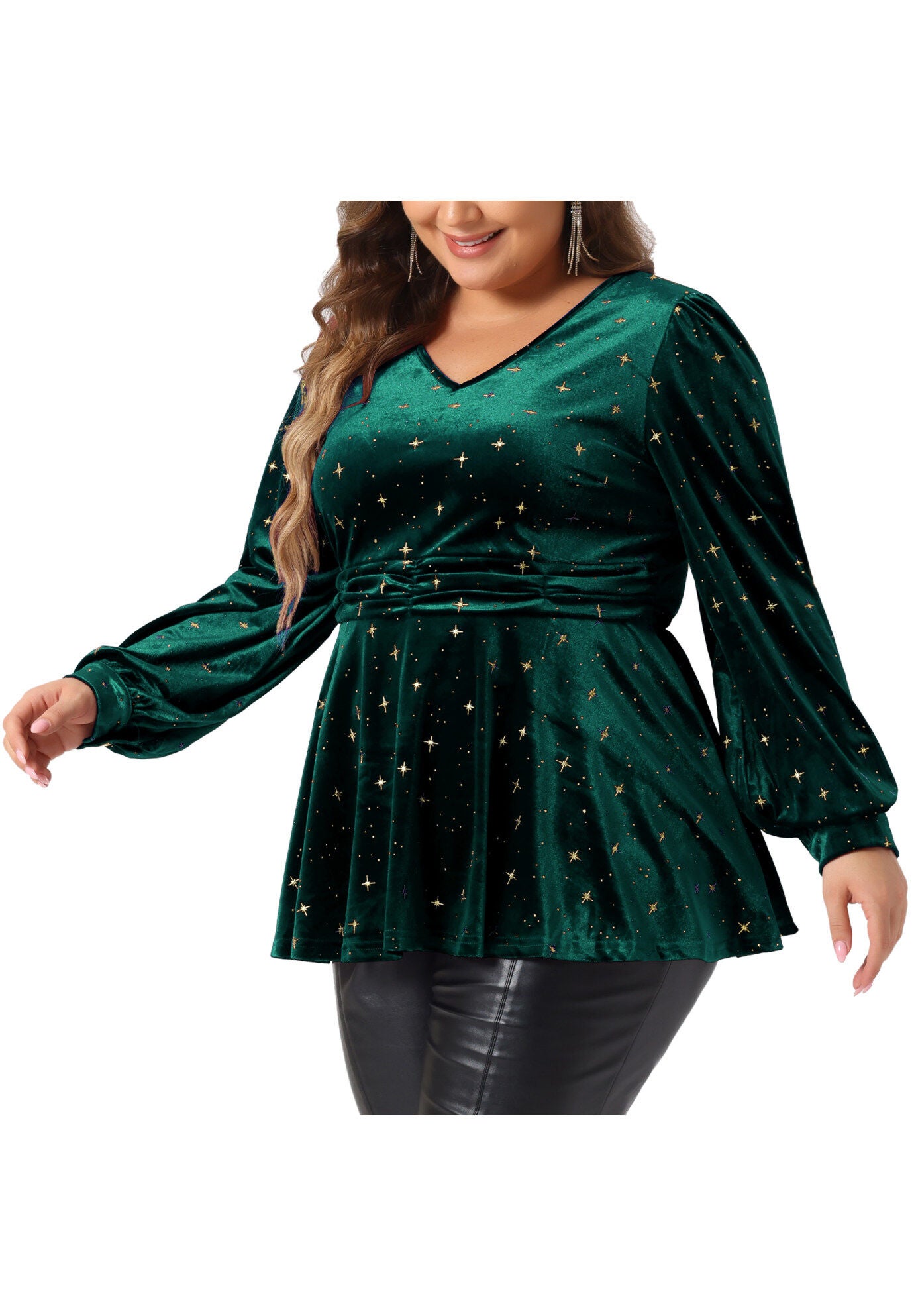 Velvet V Neck Long Sleeve Shiny Metallic Star Blouse Top, Dark Green / Hunter Green, alternate image number 1