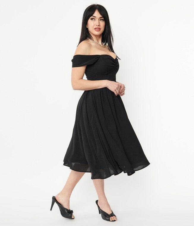 Unique Vintage Black Off Shoulder Swing Dress, Black / Black, alternate image number null