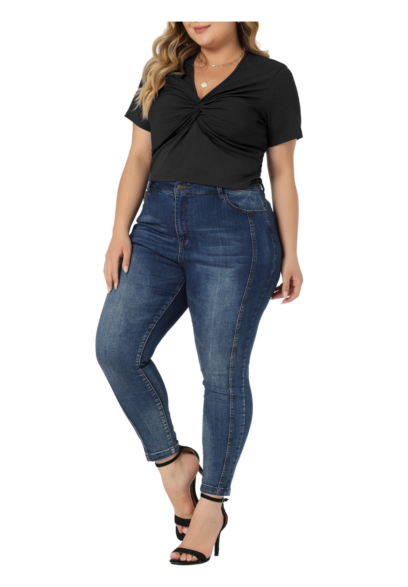 Twist Front V Neck Ribbed Short Sleeve T-Shirt Top, Black / Black, alternate image number 3